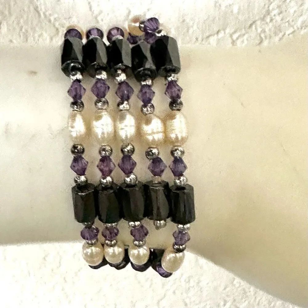 Hematite purple beaded pearl beaded wrap bracelet